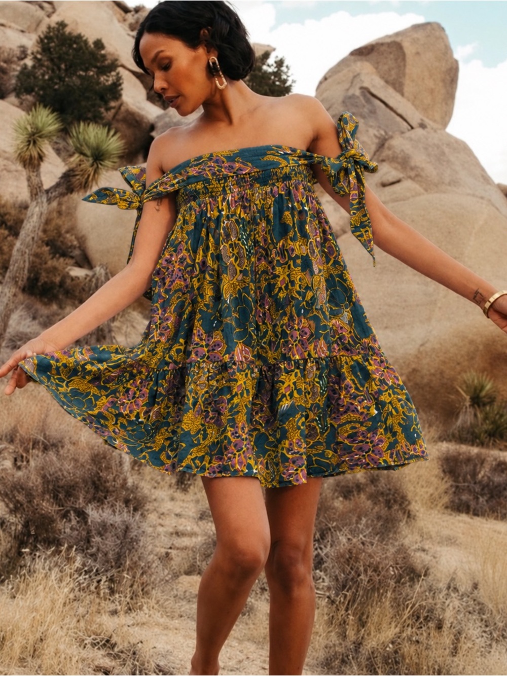 $228 Cleobella Violette Mini Dress Small Teal Floral Indo Block Organic Cotton